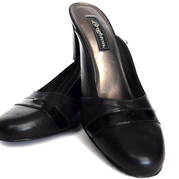 Brighton Bloom  Black Leather Mules Slides Size 8.5 with   3 inch Heel Round Toe - Picture 1 of 8